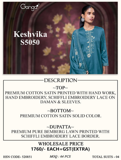 Keshvika S5050 Ganga Cotton Satin Pant Style Suits Wholesaler India