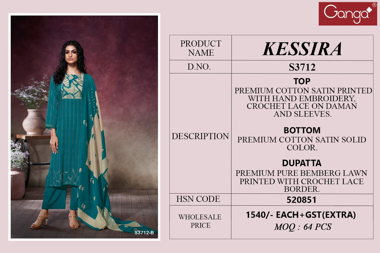 Kessira 3712 Ganga Premium Cotton Plazzo Style Suits Wholesale Rate