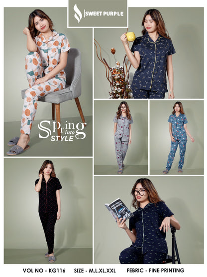 Kg116 Sweet Purple Hosiery Collar Night Suits Manufacturer Gujarat