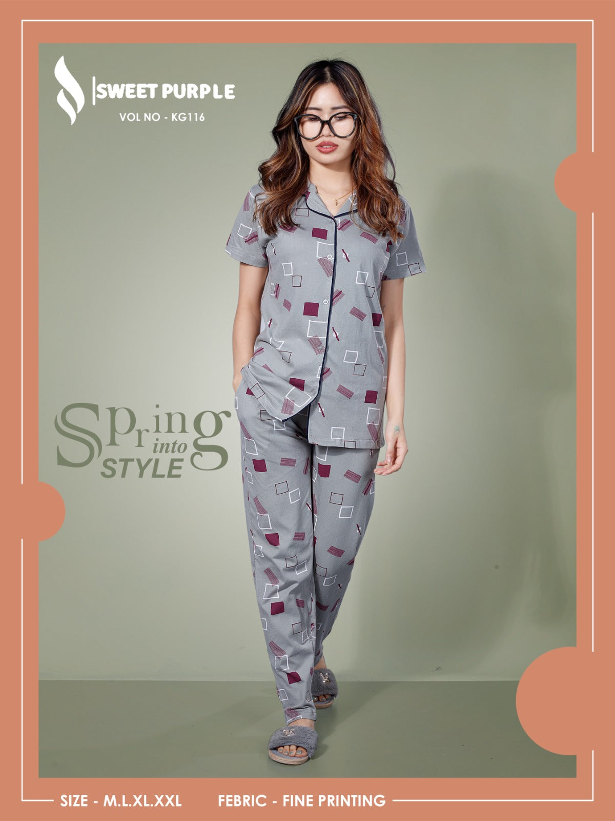 Kg116 Sweet Purple Hosiery Collar Night Suits Manufacturer Gujarat