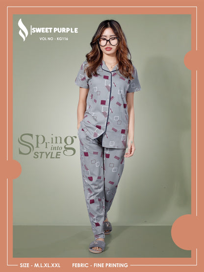 Kg116 Sweet Purple Hosiery Collar Night Suits Manufacturer Gujarat