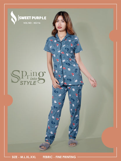 Kg116 Sweet Purple Hosiery Collar Night Suits Manufacturer Gujarat