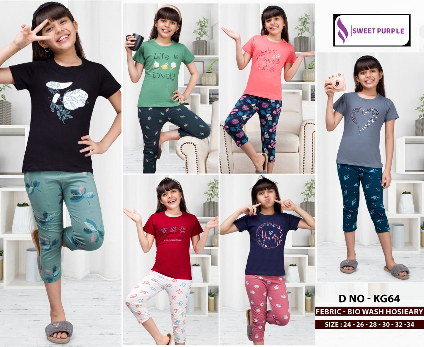 Kg64 Sweet Purple Hosiery Girls Capri Night Suits Manufacturer Gujarat