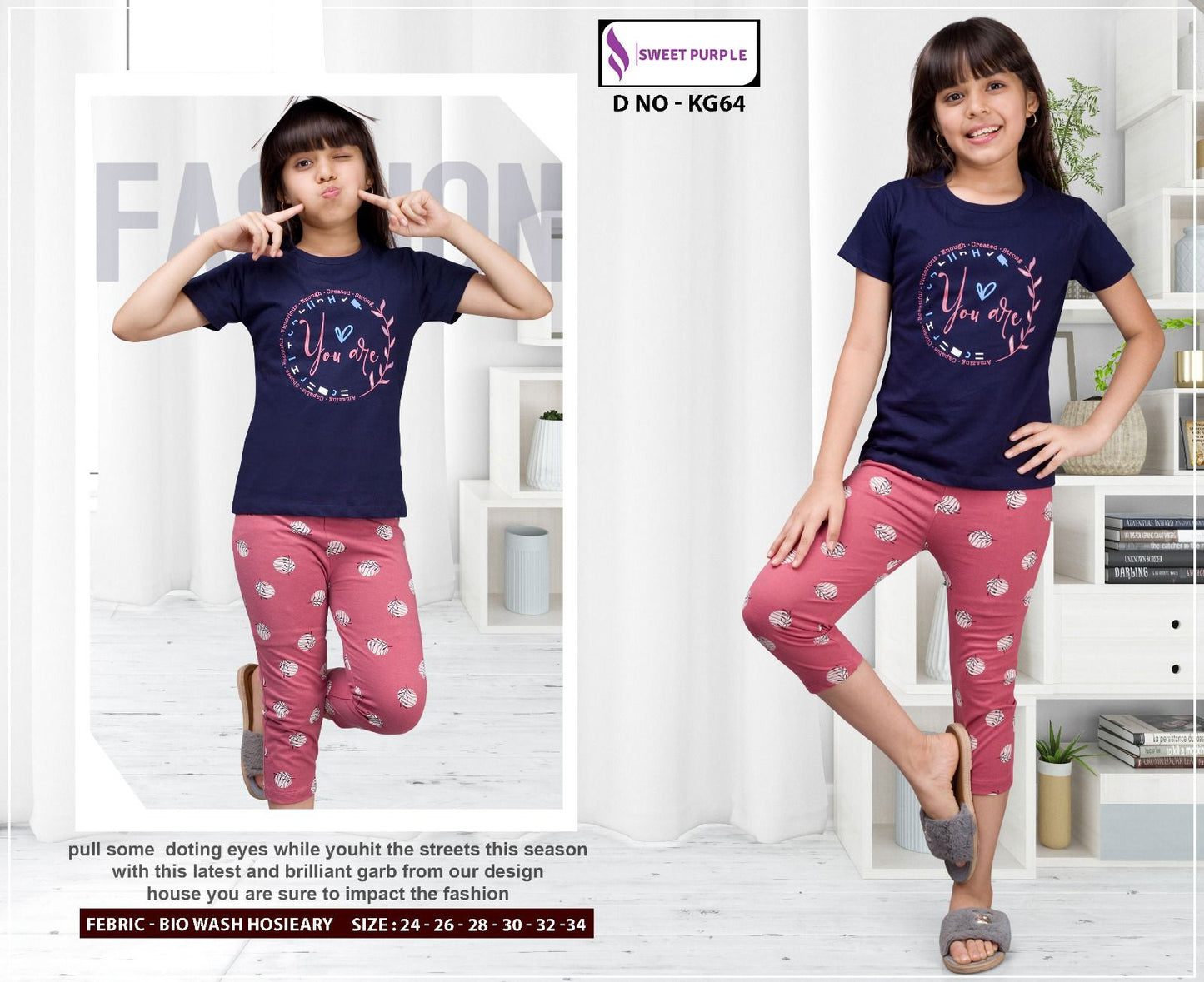 Kg64 Sweet Purple Hosiery Girls Capri Night Suits Manufacturer Gujarat