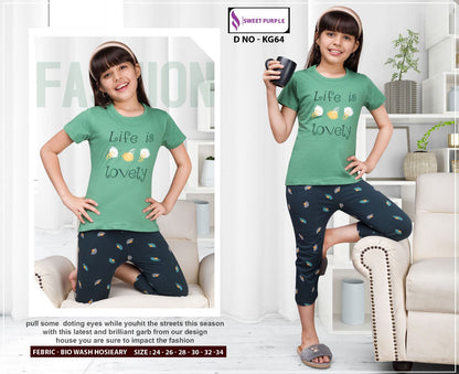 Kg64 Sweet Purple Hosiery Girls Capri Night Suits Manufacturer Gujarat