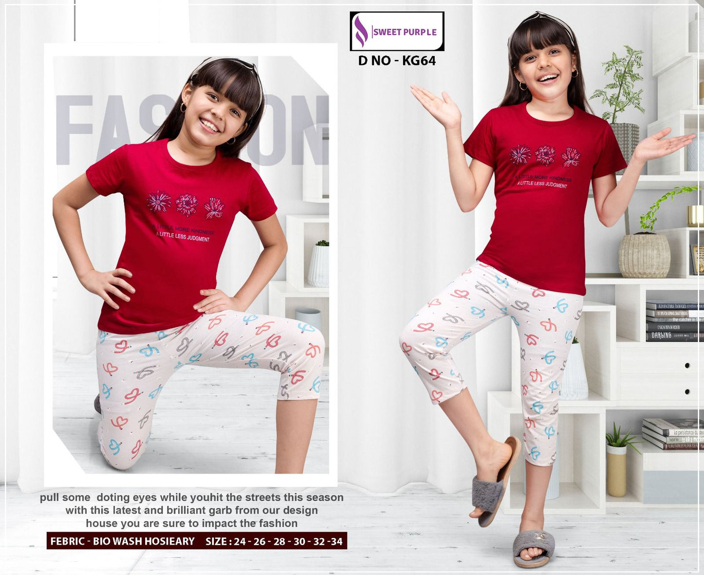 Kg64 Sweet Purple Hosiery Girls Capri Night Suits Manufacturer Gujarat
