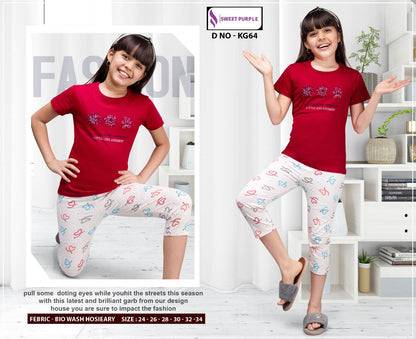 Kg64 Sweet Purple Hosiery Girls Capri Night Suits Manufacturer Gujarat