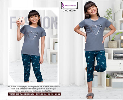 Kg64 Sweet Purple Hosiery Girls Capri Night Suits Manufacturer Gujarat