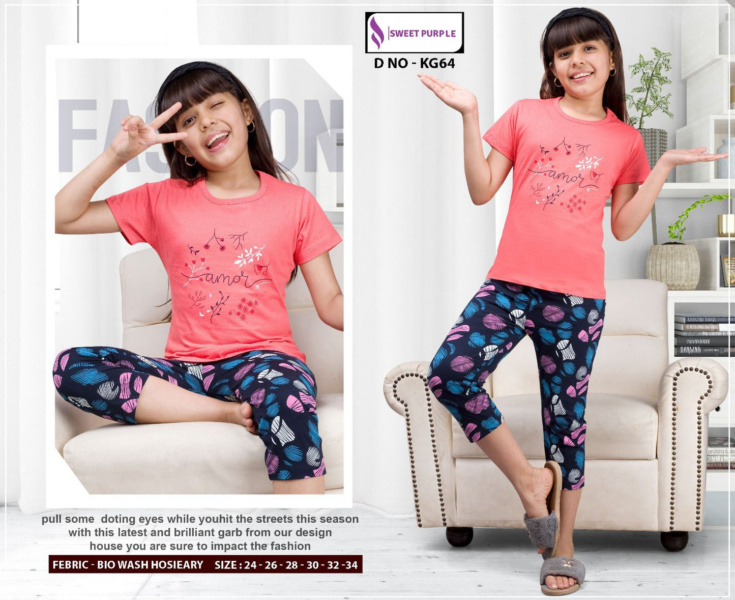 Kg64 Sweet Purple Hosiery Girls Capri Night Suits Manufacturer Gujarat