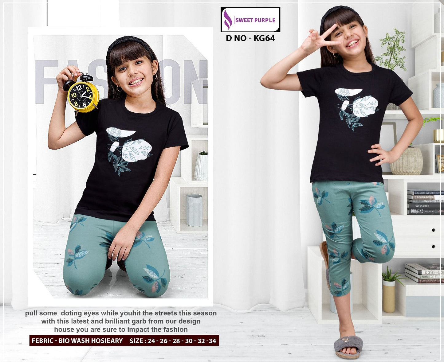 Kg64 Sweet Purple Hosiery Girls Capri Night Suits Manufacturer Gujarat