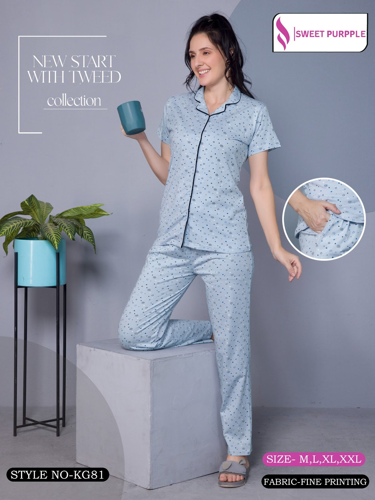 Kg81 Sweet Purple Collar Night Suits Supplier Gujarat