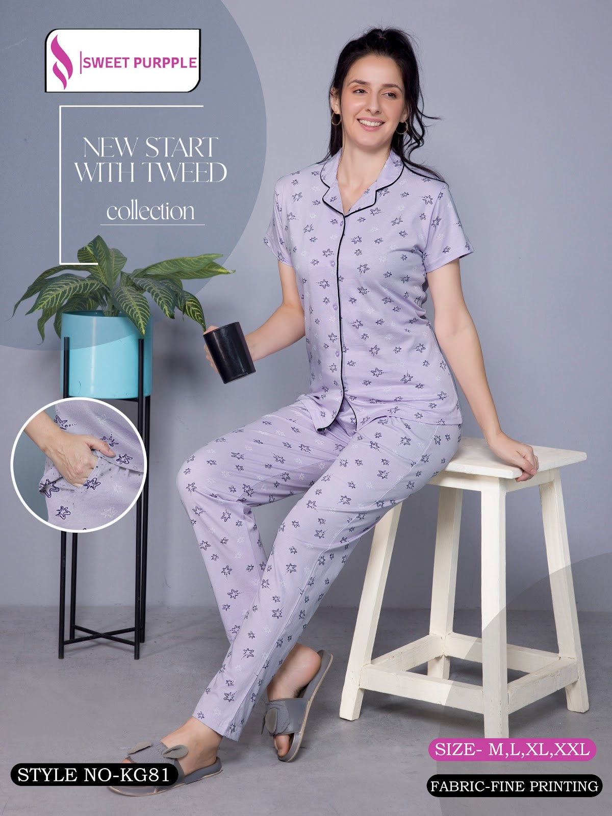 Kg81 Sweet Purple Collar Night Suits Supplier Gujarat