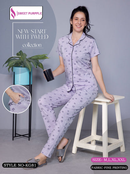 Kg81 Sweet Purple Collar Night Suits Supplier Gujarat