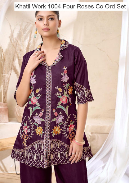 Khatli Work 1004 Four Roses Co Ord Set Exporter