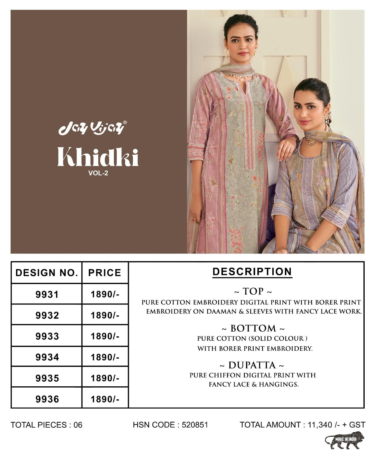 Khidki Vol 2 Jay Vijay Pure Cotton Pant Style Suits Exporter India