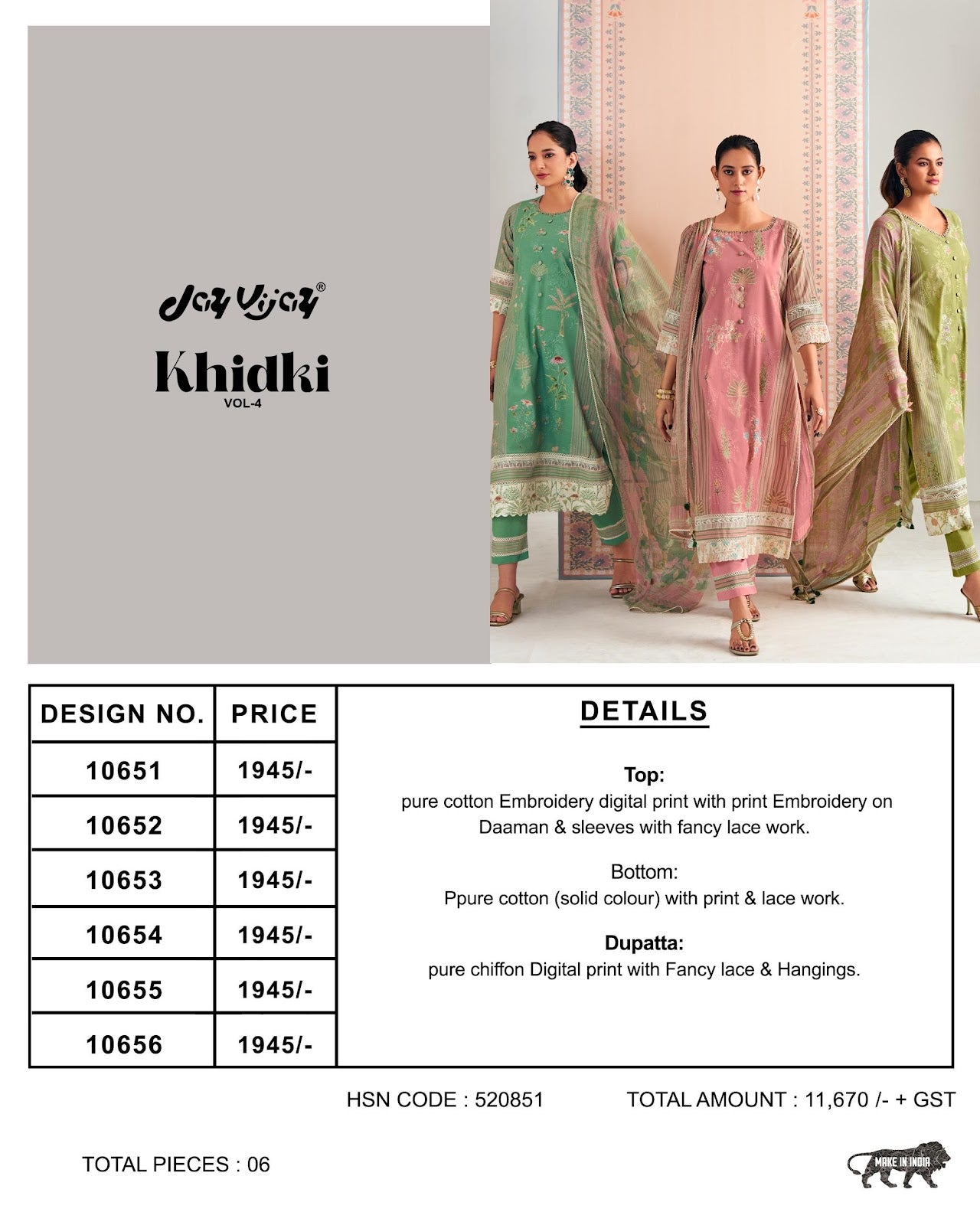 Khidki Vol 4 Jay Vijay Pure Cotton Pant Style Suits Supplier Ahmedabad