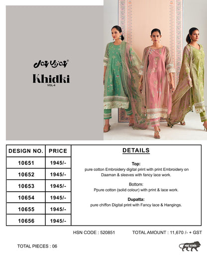 Khidki Vol 4 Jay Vijay Pure Cotton Pant Style Suits Supplier Ahmedabad