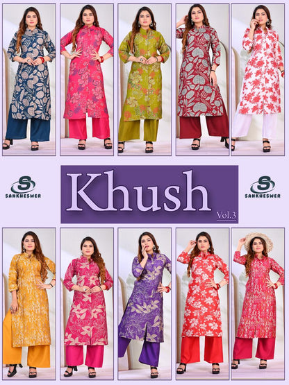 Khush Vol 3 Sankheswer Vertican Kurti Plazzo Set Wholesaler Gujarat
