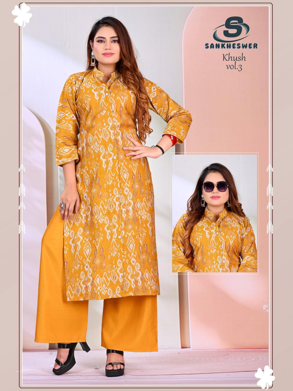 Khush Vol 3 Sankheswer Vertican Kurti Plazzo Set Wholesaler Gujarat