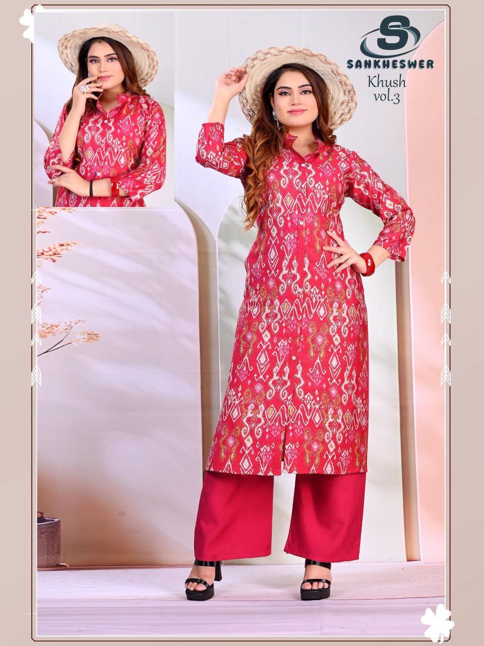 Khush Vol 3 Sankheswer Vertican Kurti Plazzo Set Wholesaler Gujarat