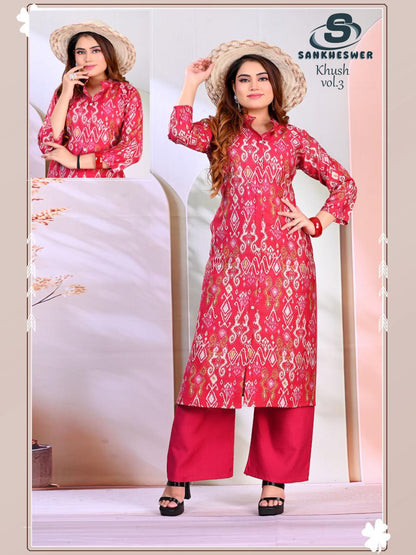 Khush Vol 3 Sankheswer Vertican Kurti Plazzo Set Wholesaler Gujarat