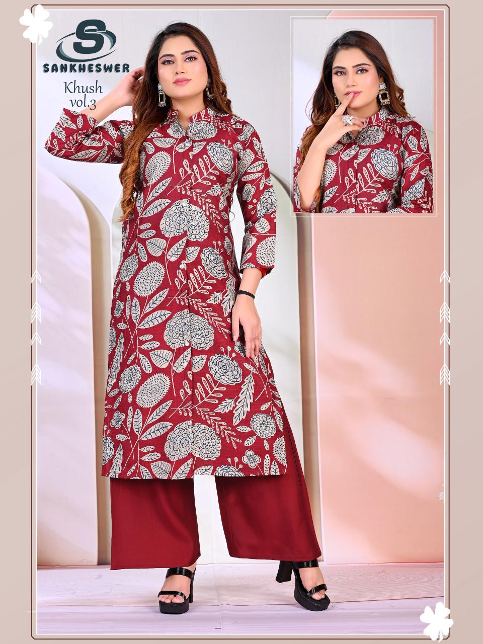 Khush Vol 3 Sankheswer Vertican Kurti Plazzo Set Wholesaler Gujarat
