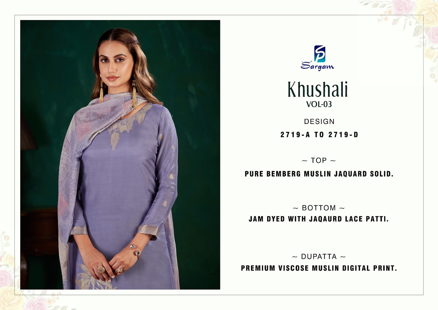 Khushali Vol 3 Sargam Prints Bemberg Muslin Pant Style Suits Supplier India