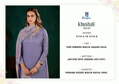 Khushali Vol 3 Sargam Prints Bemberg Muslin Pant Style Suits Supplier India