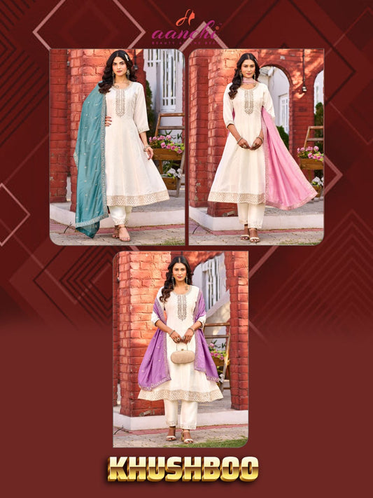 Khushbo White Special Aanchi Vichitra Silk Readymade Anarkali Suits Wholesaler