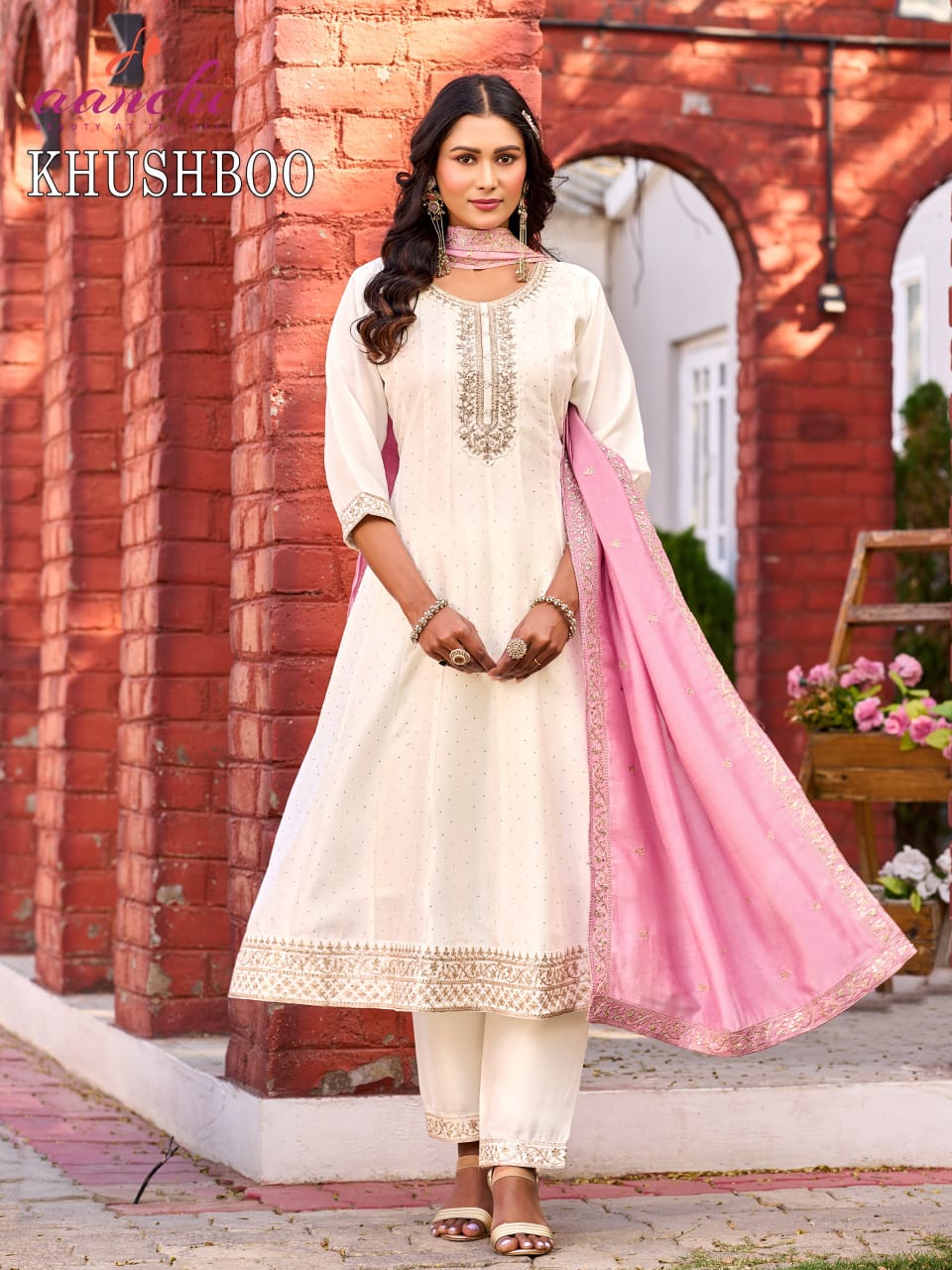 Khushbo White Special Aanchi Vichitra Silk Readymade Anarkali Suits Wholesaler