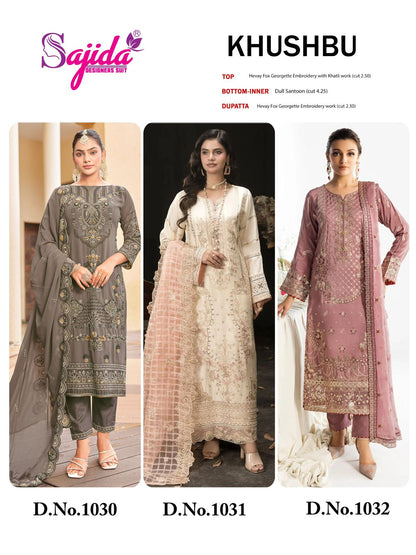 Khushbu 1030-1032 Sajida Georgette Pakistani Salwar Suits Manufacturer Gujarat