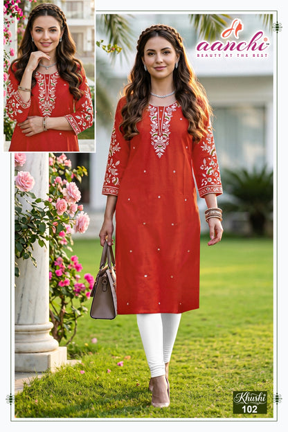 Khushi Aanchi Roman Silk Straight Cut Kurtis Supplier Ahmedabad