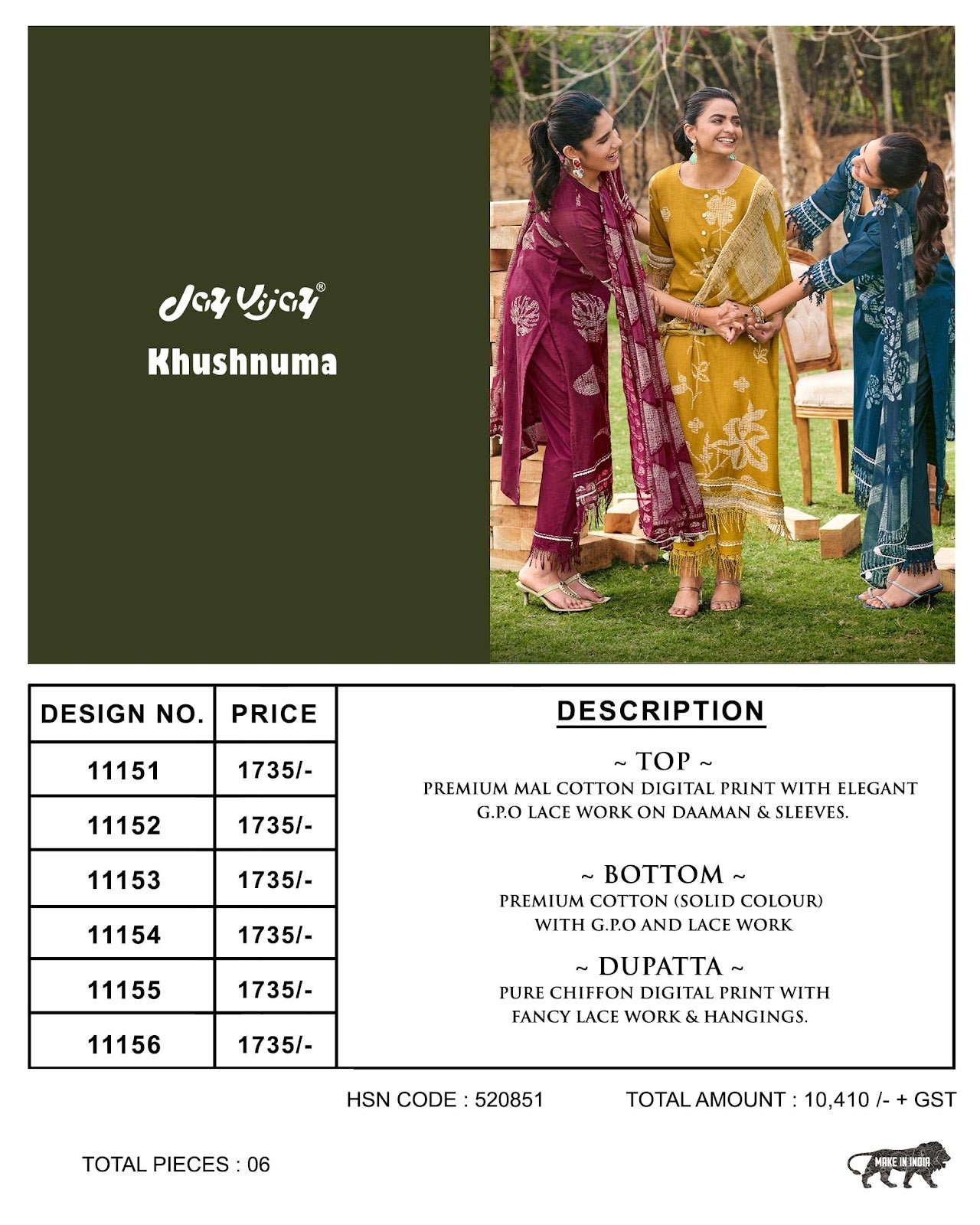 Khushnuma Jay Vijay Mal Cotton Pant Style Suits Wholesale