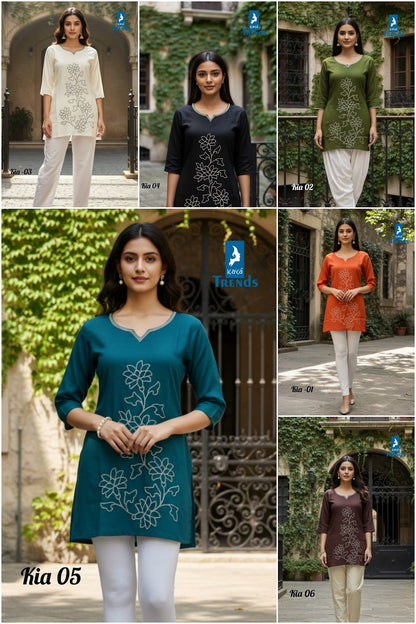 Kia-Crazy Light Kaya Trends Rayon Short Kurtis Exporter