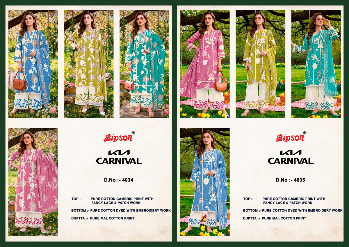 Kia Carnival 4034-4035 Bipson Prints Cotton Cambric Plazzo Style Suits Manufacturer