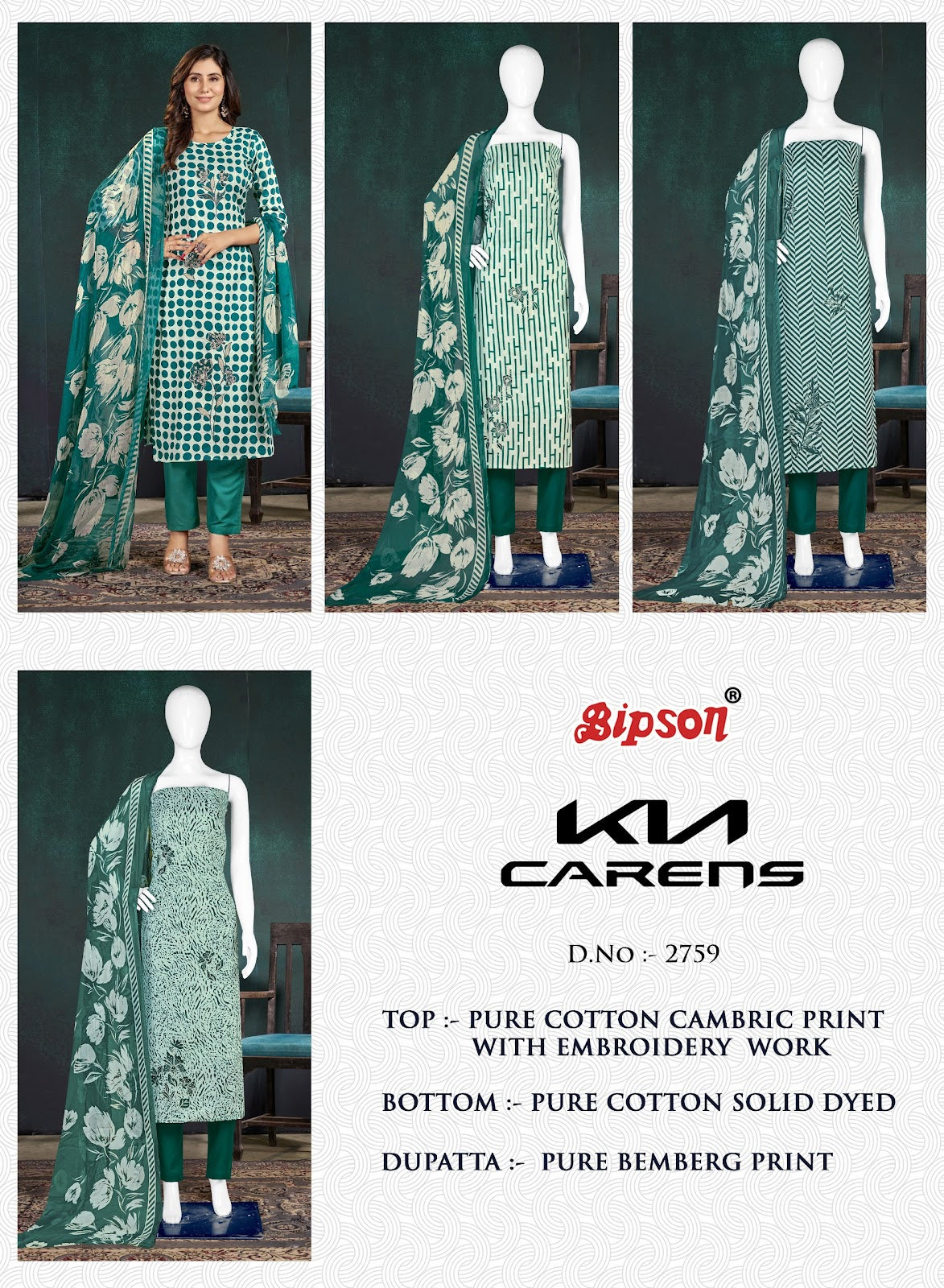 Kia Carens 2759 Bipson Prints Cambric Cotton Pant Style Suits Exporter
