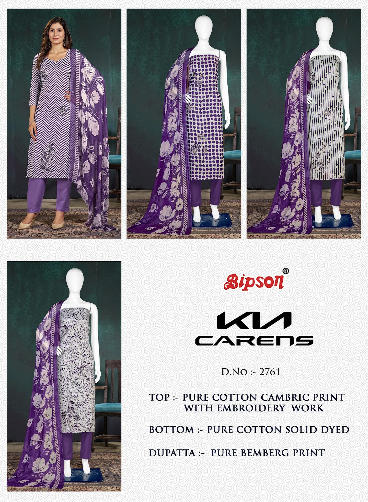 Kia Carens 2761 Bipson Prints Cambric Cotton Pant Style Suits Wholesale Rate