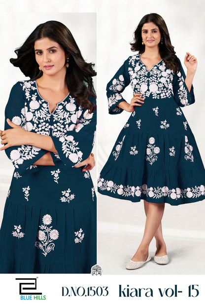 Kiara Vol 15 Blue Hills Rayon 14Kg Midi Dress Wholesaler Gujarat