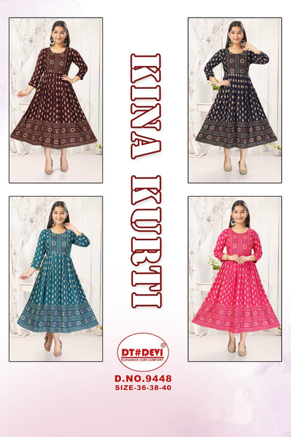 Kina D No 9448 Dt Devi Rayon Girls Anarkali Kurti Wholesaler India