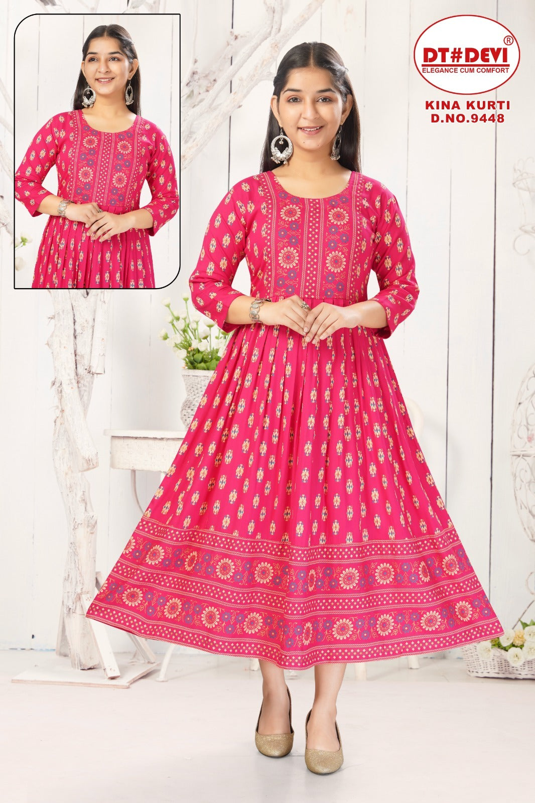 Kina D No 9448 Dt Devi Rayon Girls Anarkali Kurti Wholesaler India