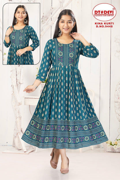 Kina D No 9448 Dt Devi Rayon Girls Anarkali Kurti Wholesaler India