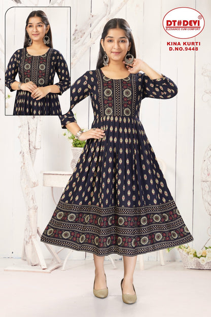 Kina D No 9448 Dt Devi Rayon Girls Anarkali Kurti Wholesaler India