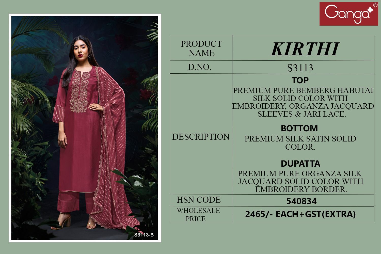 Kirthi 3113 Ganga Habutai Silk Plazzo Style Suits Manufacturer India