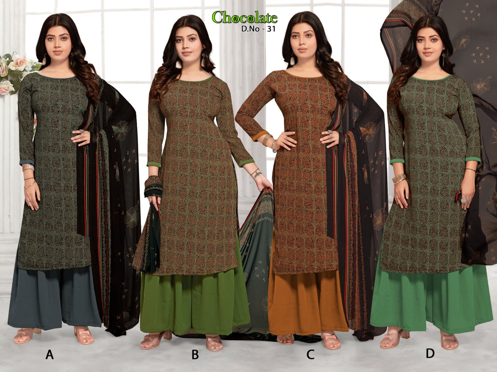 Kitkat Choclate Vishwam Fabrics Crape Pant Style Suits Manufacturer Gujarat