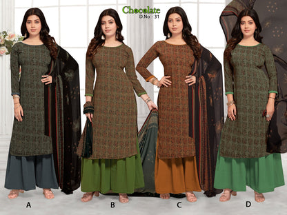 Kitkat Choclate Vishwam Fabrics Crape Pant Style Suits Manufacturer Gujarat