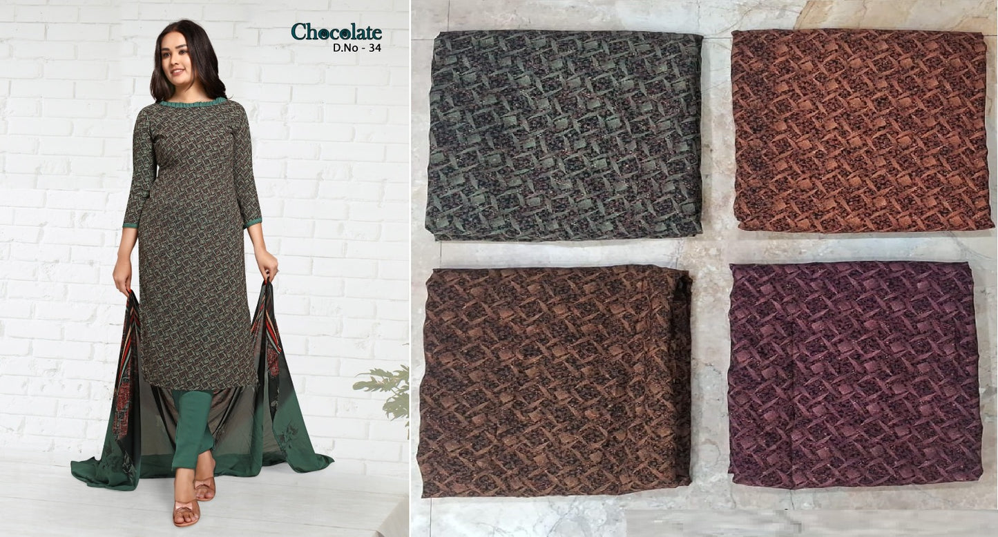 Kitkat Choclate Vishwam Fabrics Crape Pant Style Suits Manufacturer Gujarat