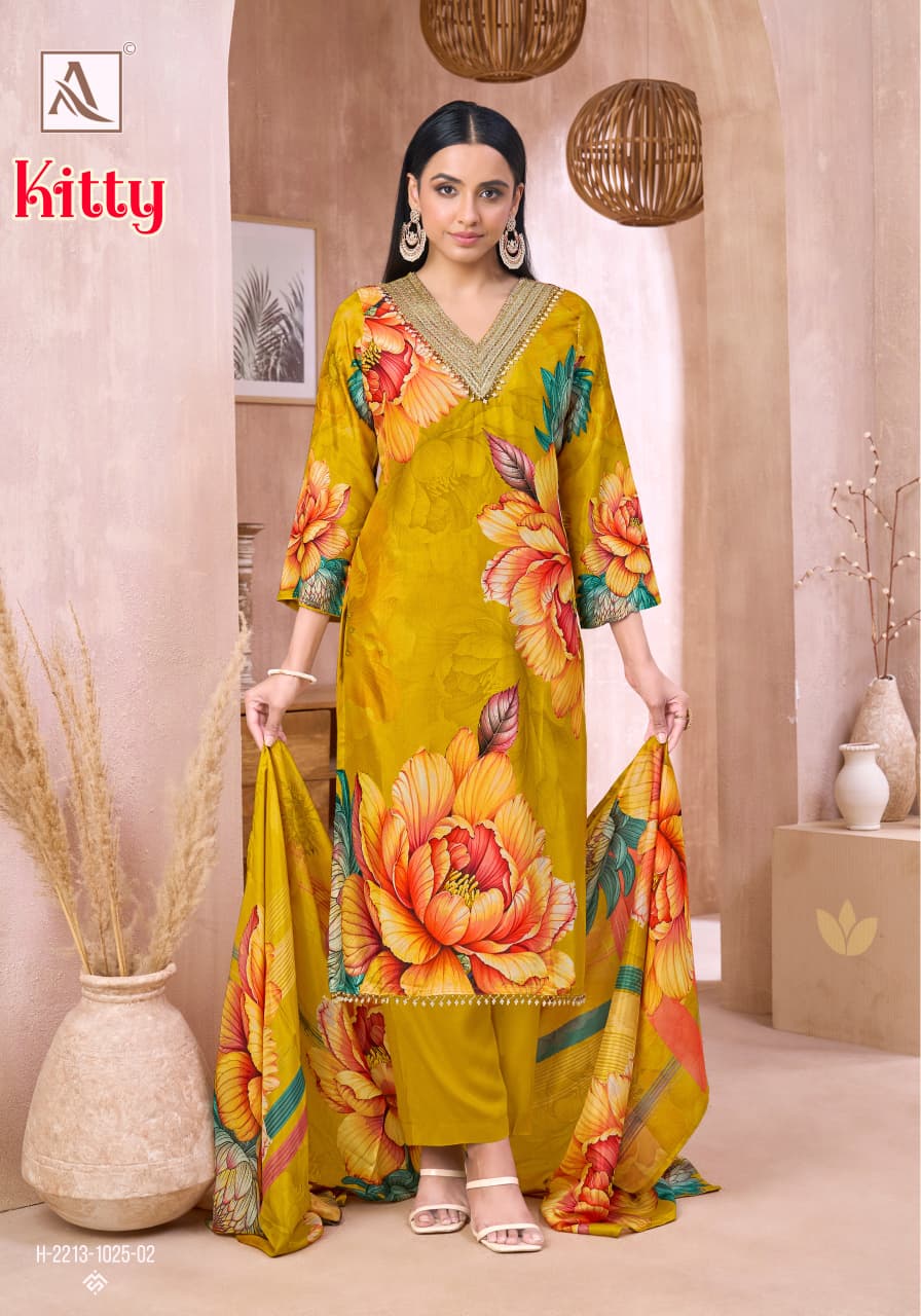Kitty Alok Viscose Muslin Karachi Salwar Suits Supplier