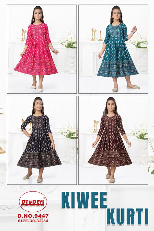 Kiwee Dn 9447 Dt Devi Rayon Girls Anarkali Kurti Wholesaler Gujarat