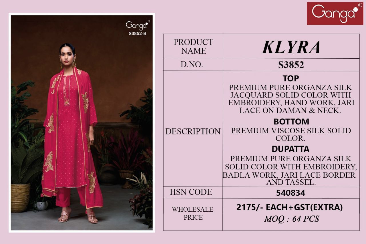 Klyra 3852 Ganga Pure Organza Salwar Suits Exporter Gujarat
