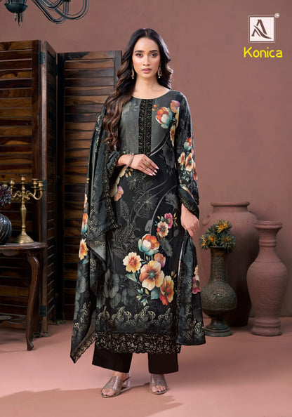 Konica Alok Viscose Muslin Karachi Salwar Suits Wholesaler India